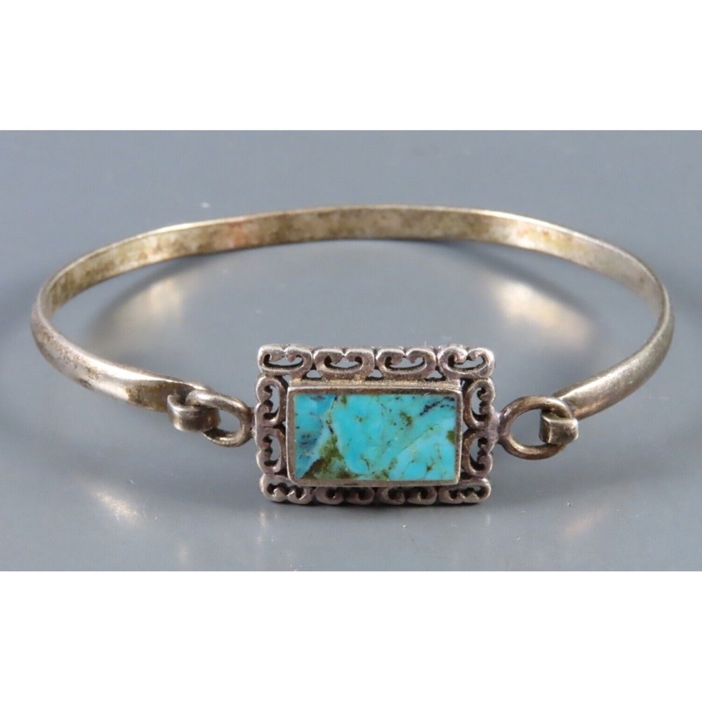 STERLING SILVER Hook/Hinge BANGLE BRACELET Blue Turquoise Panel SCROLL FRAME